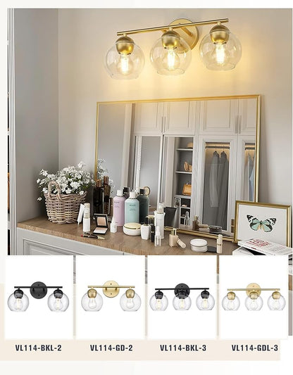 Emak 3-Light Gold Bathroom Light Fixtures Over Mirror, Globe Clear Glass Bathroom Vanity Lights, VL114-GDL-3