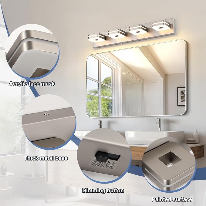 Modern Bathroom Vanity Light Fixture, 5CCT Dimmable LED Wall Sconce, Brushed Nickel Vanity Lights for Mirror, 4-Light Acrylic Bathroom Light Fixtures Over Sink, Indoor Restroom