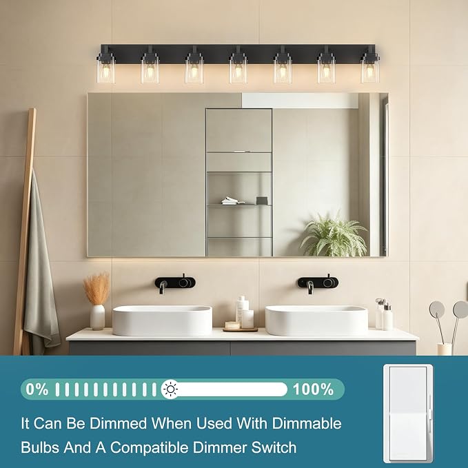 Matte Black Bathroom Light Fixtures, Modern Vanity Lights with Clear Glass Lamp Shade, Bathroom Lighting Fixtures Over Mirror, Restroom Vanity Lighting Fixture, 7-Light 52 Inch