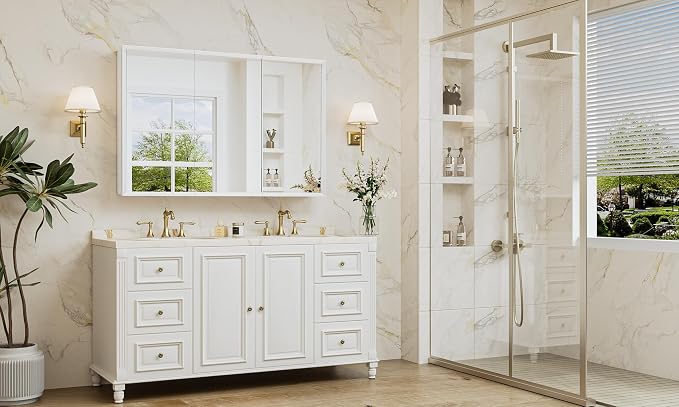 48 x 32 White Recessed Medicine Cabinet with Mirror, Assembly Required, Bathroom Medicine Cabinet with Mirror, Stepless Adjustable Shelves, Beveled Aluminum Frame, DTC Hinge