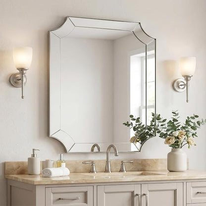 30x36 Inch Brushed Nickel Bathroom Mirror, Scalloped Mirror for Bathroom, Modern Silver Mirror with Elegant Curved Scallop Design, Anti-Rust Stainless Steel Frame, Ideal for Home Remodel