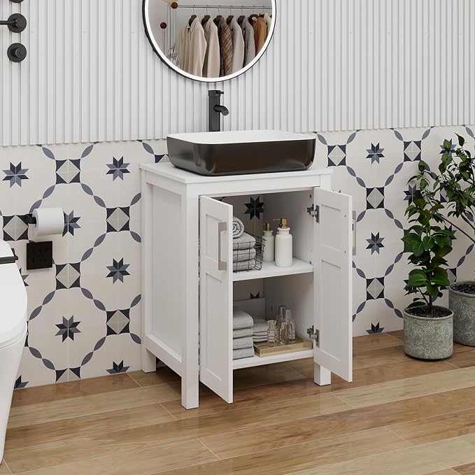 YOURLITE 24" Bathroom Vanity with Sink, White Bathroom Vanity and Sink Combo with Faucet & Pop Up Drain Set,Traditional Vanity with with White & Black Ceramic Sink