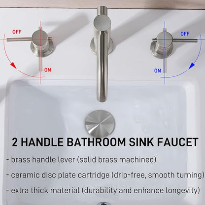 8" Widespread Brushed Nickel Bathroom Faucet | 2-Handle 3-Hole Brass Sink Faucet with 360° Swivel Spout, Metal Drain & DOE 2.2GPM (cUPC Waterline)