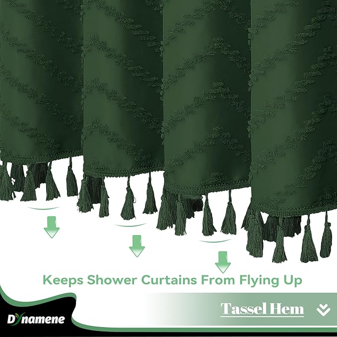 Dynamene Boho Farmhouse Shower Curtain, Dark Green Fabric Tufted Chevron Striped Textured Tassel BathroomShower Curtains, Water Repellent, Minimalist Ruffled Cloth Shower Curtain Set,12 Hook, 72x72