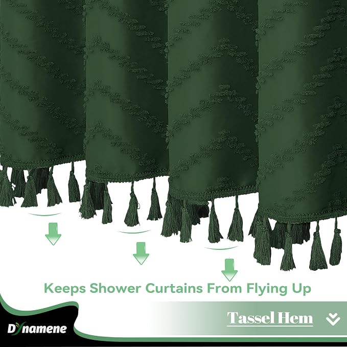 Extra Long Boho Shower Curtain Tufted Chevron 72"x84" Dark Green | 84 Inch Tall, Elegant Tassel, Lightweight Textured Fabric, Water Repellent, Washable, Hotel Spa, for Bathroom/Dorm 12 Hooks
