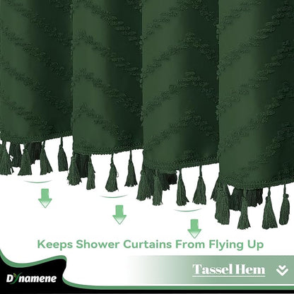 Extra Long Boho Shower Curtain Tufted Chevron 72"x84" Dark Green | 84 Inch Tall, Elegant Tassel, Lightweight Textured Fabric, Water Repellent, Washable, Hotel Spa, for Bathroom/Dorm 12 Hooks