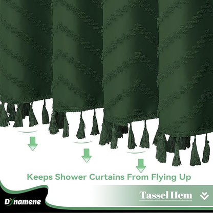 Dynamene Extra Long Shower Curtains, 84 Inch Long Boho Tufted Chevron Striped Fabric Bathroom Shower Curtains, Tall Minimalist Chic Waterproof Cloth Shower Curtain Set with Hook, Dark Green, 72x84