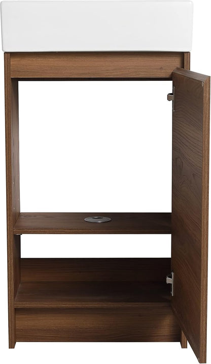 18-Inch Small Bathroom Vanity with Sink Mid-Century Bathroom Vanities with Top Basin Floor Wood Bathroom Sink Cabinet with Soft-Close Doors & Adjustable Storage Shelves(Walnut)