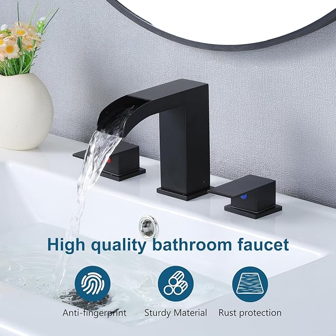Black Bathroom Faucet 3 Hole, 8 Inch Widespread Waterfall Bathroom Sink Faucet, Matte Black Vanity Faucet with Pop-Up Drain and Hoses for Bathroom Sink Vanity Rv