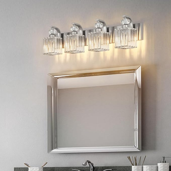 Modern Bathroom Vanity Light, 4-Light Nickel Bathroom Lighting Fixtures Over Mirror, 28.4" Crystal Wall Light Sconce for Bathroom/Bedroom/Vanity, Includes LED Bulbs, Easy Installation
