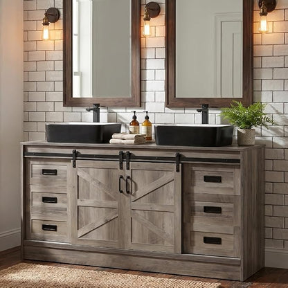 60" Barn Door Bathroom Vanity with 6 Drawers and Two Doors, Farmhouse Style Standing Pedestal Cabinet with Two Black and White Ceramic Sinks