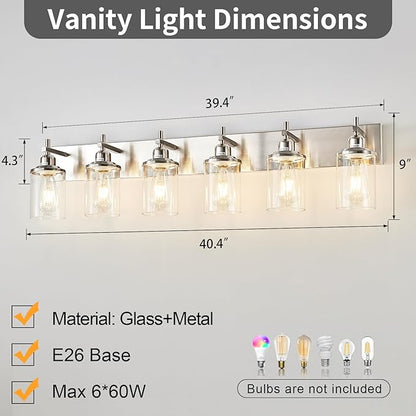 6-Light Brushed Nickel Bathroom Light Fixture Over Mirror Modern Bathroom Vanity Light Vintage Wall Lighting with Clear Glass Shade for Bathroom, Bedroom, Hallway, Cabinet