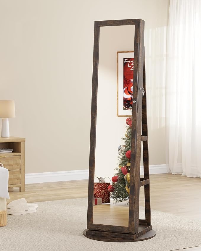 LVSOMT LED Jewelry Cabinet Standing, 360° Swivel Jewelry Armoire, Brown | Full Length Mirror with Storage, 3 Rear Shelves, Internal Mirror, 3 Color Lights, Lockable for Bedroom, Women Girls Gift