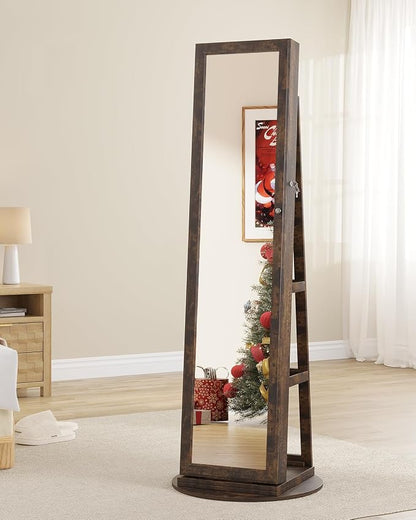 LVSOMT LED Jewelry Cabinet Standing, 360° Swivel Jewelry Armoire, Brown | Full Length Mirror with Storage, 3 Rear Shelves, Internal Mirror, 3 Color Lights, Lockable for Bedroom, Women Girls Gift