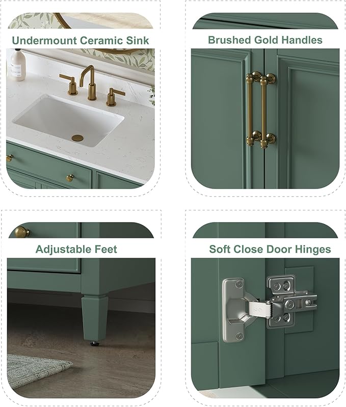48" Bathroom Vanity with Sink, Sea Green Painted Vanity with Countertop & Backsplash, Stone top and Soft-Closing Drawers, Solid Wood Frame, No Assembly Required