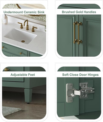 48" Bathroom Vanity with Sink, Sea Green Painted Vanity with Countertop & Backsplash, Stone top and Soft-Closing Drawers, Solid Wood Frame, No Assembly Required