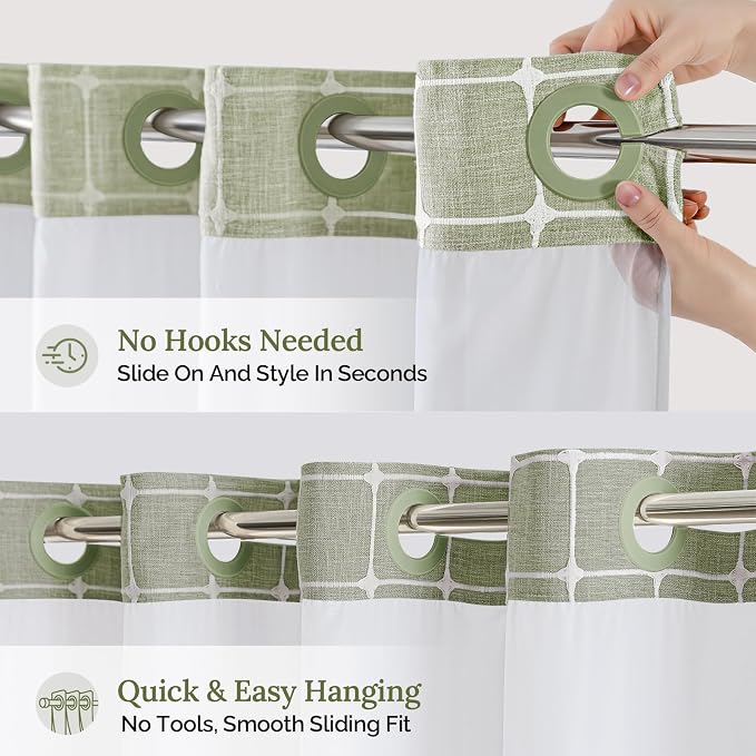 RiverDream Farmhouse No Hooks Shower Curtain with Snap-in Liner,Green,71x86 | Snap on Fabric Liner,Heavy Duty,Quick Dry,Mesh Top Window,With Bottom Magnets,Washable,with Tassels,Extra Long Size