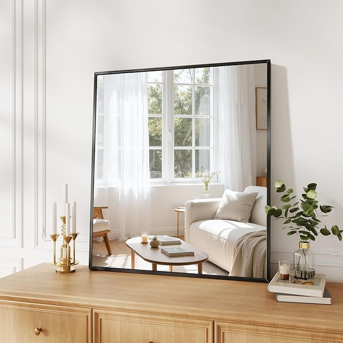 Koonmi Bathroom Mirror for Wall, 28"x32" Black Bathroom Mirror for Over Sink, Shatterproof Tempered Glass Vanity Mirror with Anti-Rust Aluminum Alloy Frame, Hang Horizontally or Vertically