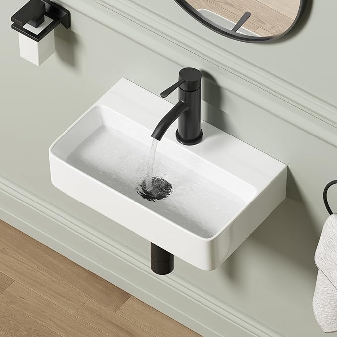 Wall Mounted Bathroom Vessel Sink, QISHKA 18" X 11" Rectangular Floating Ceramic Wash Hand Basin White Wall Hung Vanity Sink for Bathroom and Cloakroom
