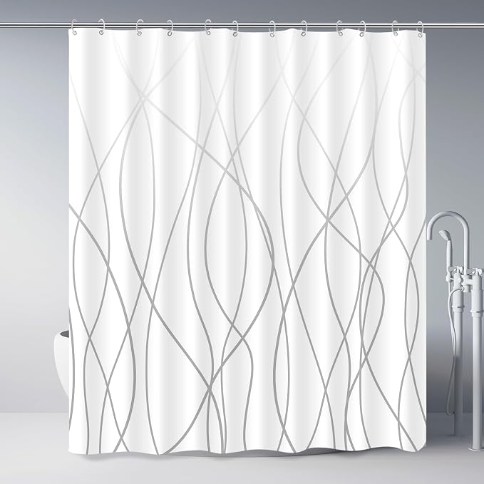 Striped Shower Curtain for Bathroom, Ombre Grey White, 72"W x 72"L | with Hooks, Modern Hotel Style, Water Repellent, Washable, Weighted Hem
