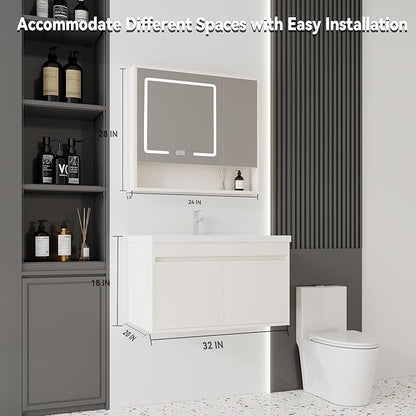 32'' Bathroom Vanity with Ceramic Sink Combo and Medicine Cabinet Mirror with Led Light/Defog, Wall Mounted Small Bathroom Vanity with Soft-Close Door Modern Floating Cabinet, Khaki(No Faucet)