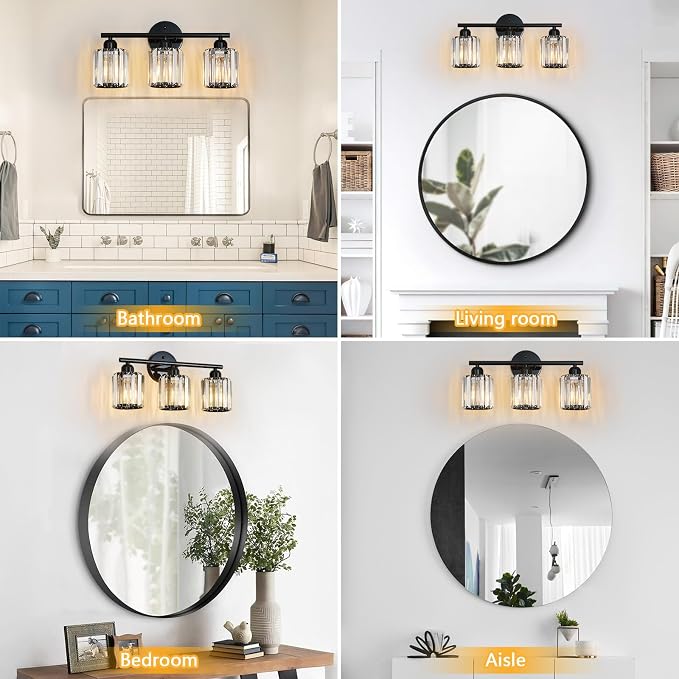 Modern 3-Light Crystal Vanity Light, High Gloss Black Bathroom Wall Light Fixtures Over Mirror for Dressing Table and Sink, Compatible with Dimmable Bulbs, Bulbs Not Included