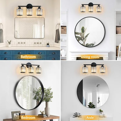 Modern 3-Light Crystal Vanity Light, High Gloss Black Bathroom Wall Light Fixtures Over Mirror for Dressing Table and Sink, Compatible with Dimmable Bulbs, Bulbs Not Included