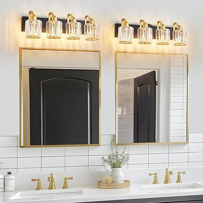 Crystal Vanity Lights for Bathroom, 4 Light Bathroom Vanity Light, Modern Matte Black and Gold Wall Lighting Fixtures with Crystal Round Shade (Exclude Bulb)