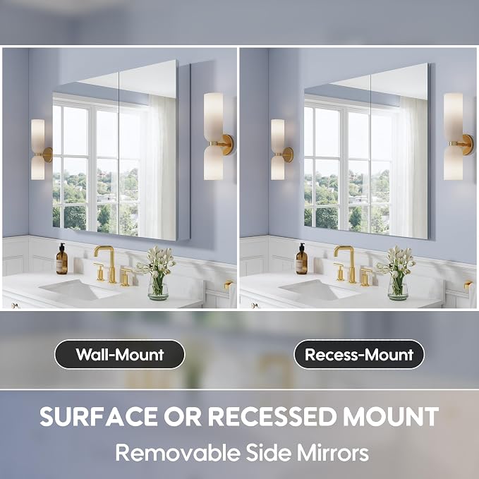40" x 36" Bathroom Medicine Cabinet with Mirror, Anodized Chrome Aluminum Frame, Surface Mount or Recessed Medicine Cabinet with Mirror, Bathroom Mirror with Storage, Double Doors