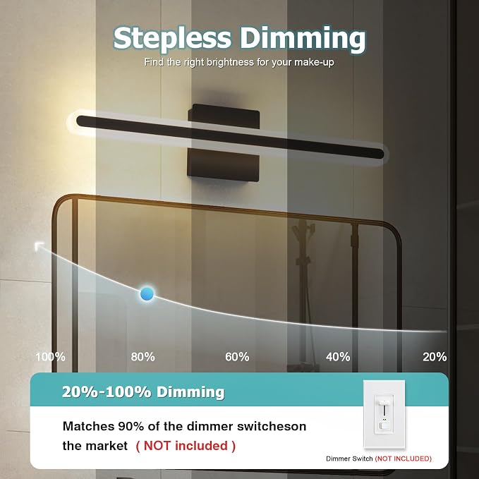 Modern Bathroom Black Vanity Light, 5CCT Dimmable Bathroom Light Bar | LED Vanity Lights Above Mirror 23.6 Inch 20W Makeup Mirror Lights