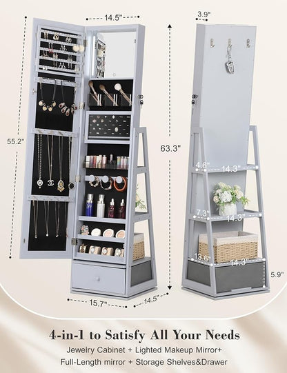 Nicetree 360° Swivel Jewelry Cabinet with Lights, Full Length Mirror, Grey | Standing Mirror Jewelry Cabinet, Lockable Mirror with Storage, Lighted Interior Mirror, Rear Shelves, Flip-over Shelf
