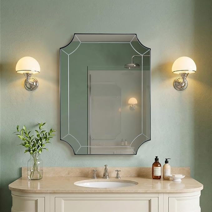 30x36 Inch Brushed Nickel Bathroom Mirror, Scalloped Mirror for Bathroom, Modern Silver Mirror with Elegant Curved Scallop Design, Anti-Rust Stainless Steel Frame, Ideal for Home Remodel
