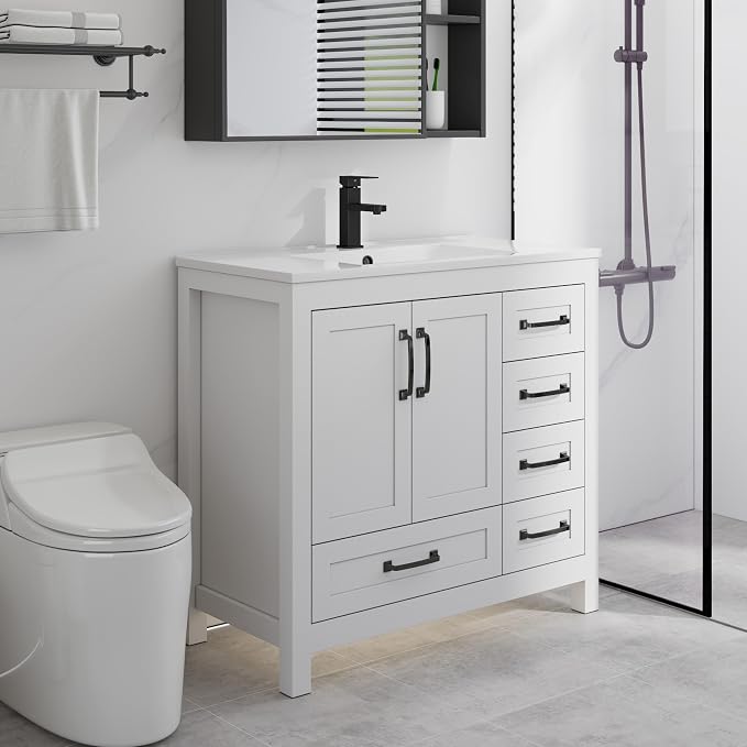 LUCKWIND 36" Bathroom Vanity and Sink Combos, Modern Bathroom Storage Painted Cabinet with Undercounter Resin Single Sink Top, Matte Black Faucet and 5 Drawers, Mirror Not Included, White