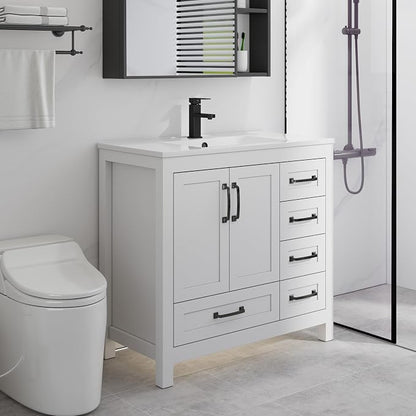 LUCKWIND 36" Bathroom Vanity and Sink Combos, Modern Bathroom Storage Painted Cabinet with Undercounter Resin Single Sink Top, Matte Black Faucet and 5 Drawers, Mirror Not Included, White