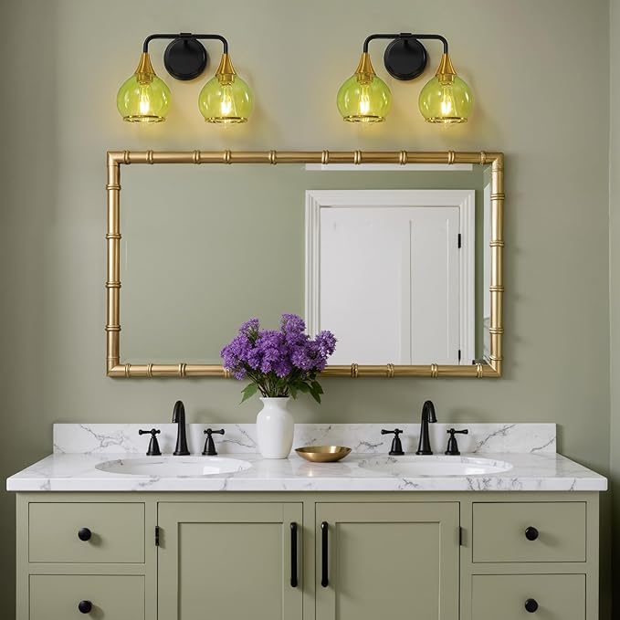 Black and Gold Bathroom Vanity Light 2-Lights Bathroom Light Fixtures Over Mirror with Green Clear Glass Shade 14 inch Wall Sconce Lighting Bath(Exclude E26 Bulb)