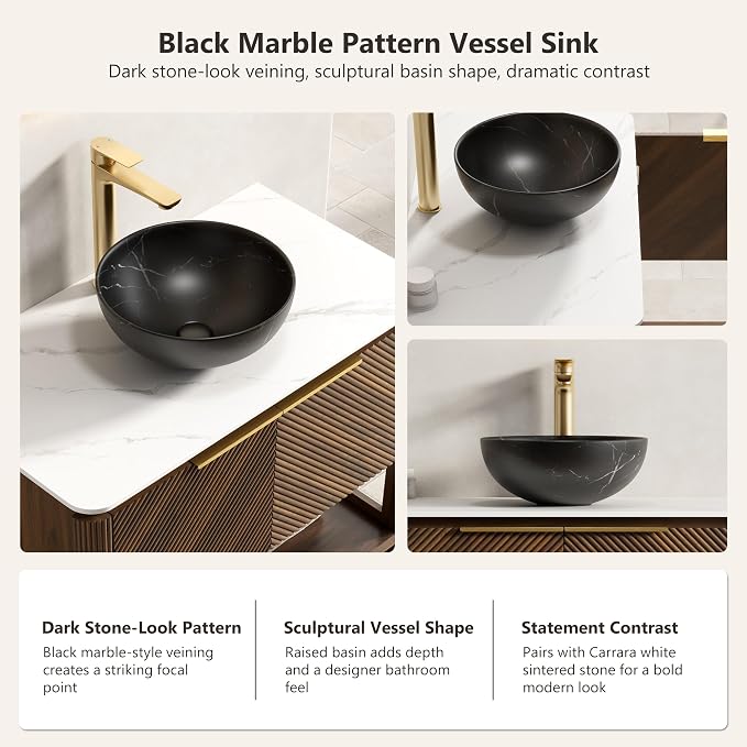 Yayzy 30 Inch Bathroom Vanity with Sink, Freestanding Dark Walnut Bathroom Cabinet, Black Marble Pattern Vessel Sink, Carrara White Sintered Stone Countertop, Soft Close Doors, Open Storage Shelf