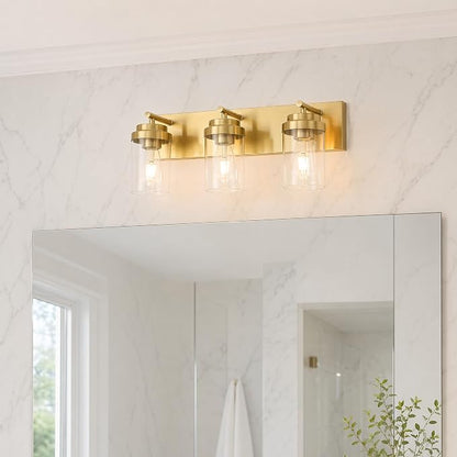 3-Light Bathroom Light Fixtures, Brushed Gold Vanity Lights | Modern Bathroom Lighting Fixtures Over Mirror, Vanity Lights for Bathroom, Mirror, Restroom, Bedroom, E26