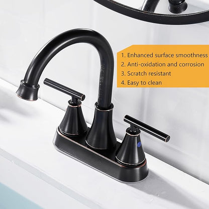 Bathroom Sink Faucet 4 Inch 2 Handle Centerset Oil Rubbed Bronze Lead-Free Modern Bathroom Faucet Vanity Faucet with Pop-up Drain Stopper and Supply Hoses