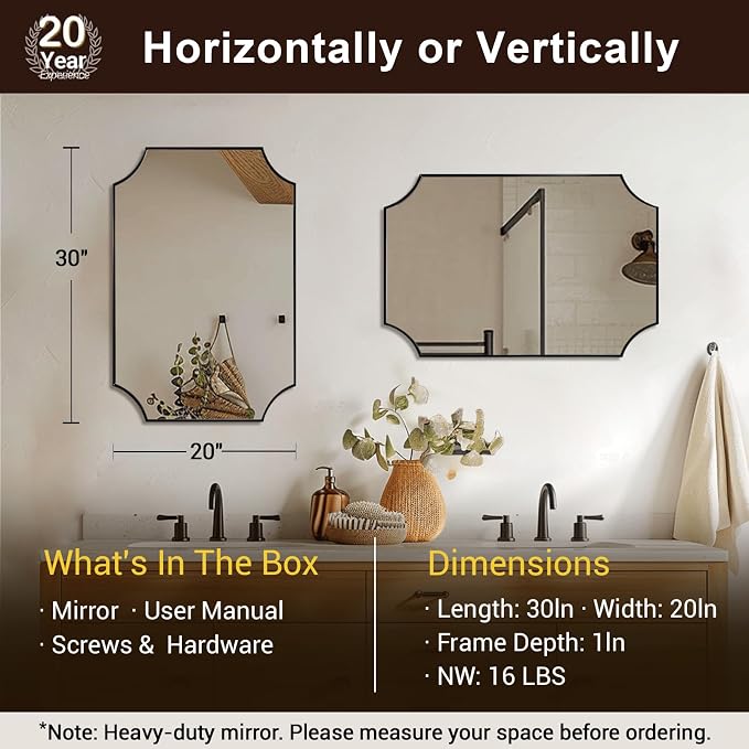 20"x30" Bathroom Mirror, Matte Black Vanity Mirror, Scalloped Rectangle Mirror in Premium Stainless Steel Frame, Scalloped Corners Design, Compact Size Ideal for Small Bathroom Remodel