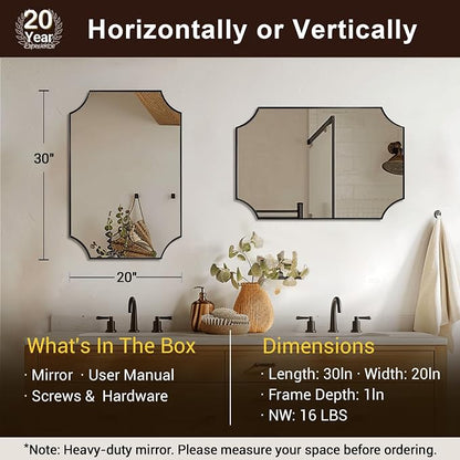 20"x30" Bathroom Mirror, Matte Black Vanity Mirror, Scalloped Rectangle Mirror in Premium Stainless Steel Frame, Scalloped Corners Design, Compact Size Ideal for Small Bathroom Remodel