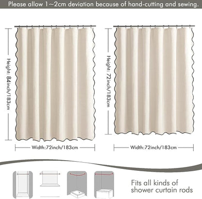 MIULEE Light Cream Scalloped Linen Shower Curtain 72x72 Inches | Linen Textured, Waterproof, Washable, 12 Metal Hooks, Heavy Duty Cloth, Black Border, Shower Curtain for Bathroom Bathtub