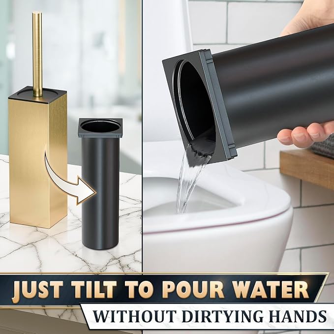 Gold Toilet Brush and Holder Set, Stainless Steel (Square) | Toilet Brush with Holder Set for Bathroom, Splash Protection & Dense Bristles for Bathroom Cleaning, Removable Inner Bowl