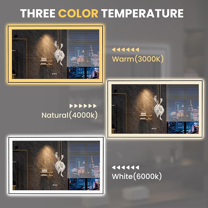 LOAAO 60"X36" LED Bathroom Mirror Black Framed | Anti-Fog, Dimmable, Memory Function, Tempered Glass, Lighted Vanity Mirror for Wall