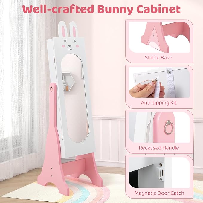 CHARMAID Kids Mirror Jewelry Cabinet - 45" Standing Jewelry Armoire with Full Length Mirror, Bunny Shaped Vanity Dressing Mirror for Girls, Kids Jewelry Organizer with Storage Drawers (White)