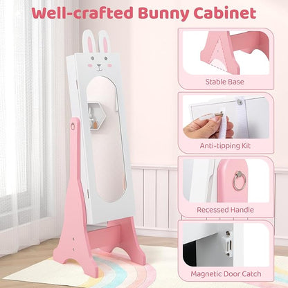 CHARMAID Kids Mirror Jewelry Cabinet - 45" Standing Jewelry Armoire with Full Length Mirror, Bunny Shaped Vanity Dressing Mirror for Girls, Kids Jewelry Organizer with Storage Drawers (White)
