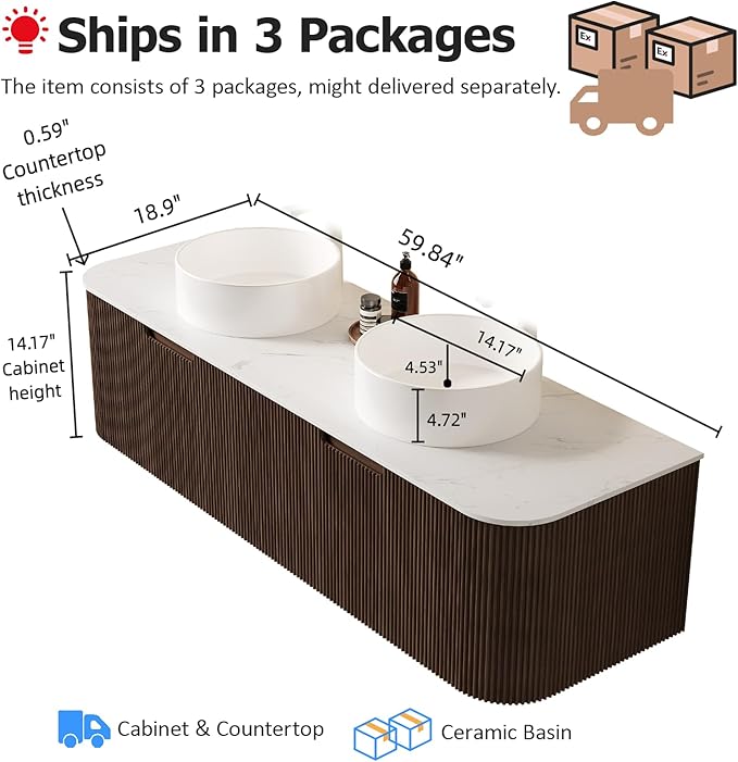 60" Floating Bathroom Vanity with Sink, Wall-Mount Cabinet with 2 White Round Ceramic Basins and Marble Top, 2 Large Storage Drawer, Soft-Close Design, Dark Walnut