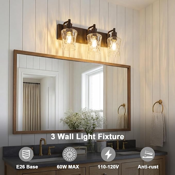 Bathroom Light Fixtures Farmhouse Oil Rubbed Bronze Vanity Lights for Bathroom Lighting Fixtures Over Mirror with Hammered Glass Lampshade for Cabinet Mirror Bedroom Hallway 3 Light