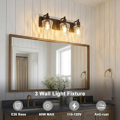 Bathroom Light Fixtures Farmhouse Oil Rubbed Bronze Vanity Lights for Bathroom Lighting Fixtures Over Mirror with Hammered Glass Lampshade for Cabinet Mirror Bedroom Hallway 3 Light