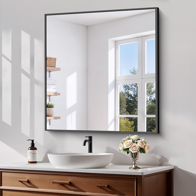 Koonmi Black Bathroom Mirror for Over Sink,Metal Framed 32"x28" Wall Mirror