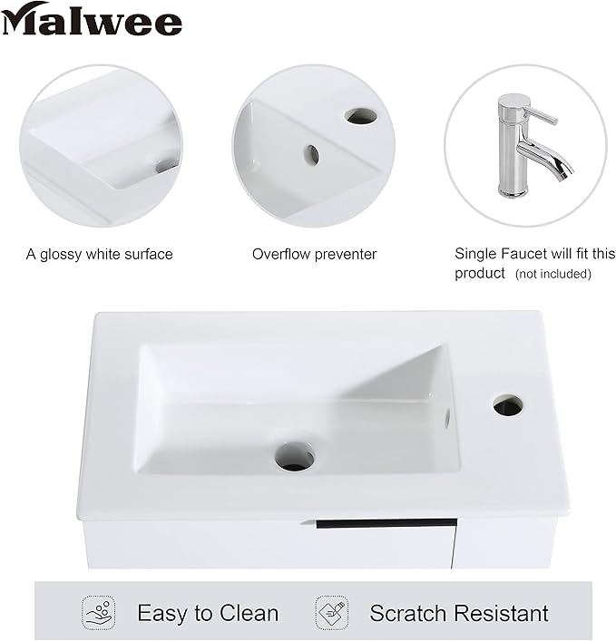 Malwee 22" Floating Bathroom Vanity with Sink, 22 Inch Single Sink Wall Mounted Bathroom Vanity, with 1 Door and White Ceramic Basin Top for Small Space, Plywood Cabinet Storage(002-22)